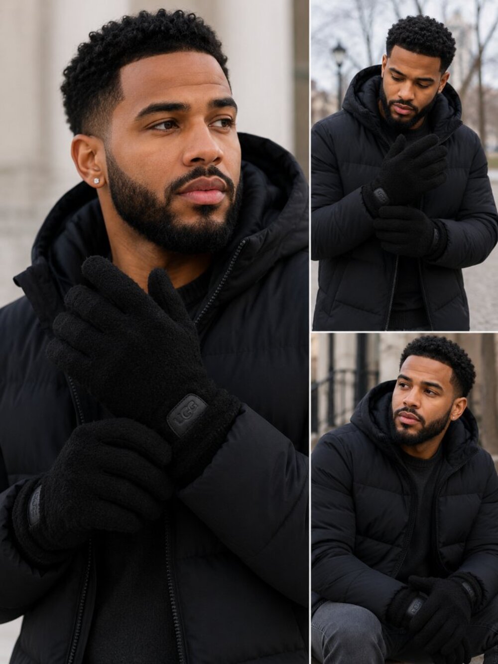 New UGG Men's Classic Black Sherpa/Leather Gloves